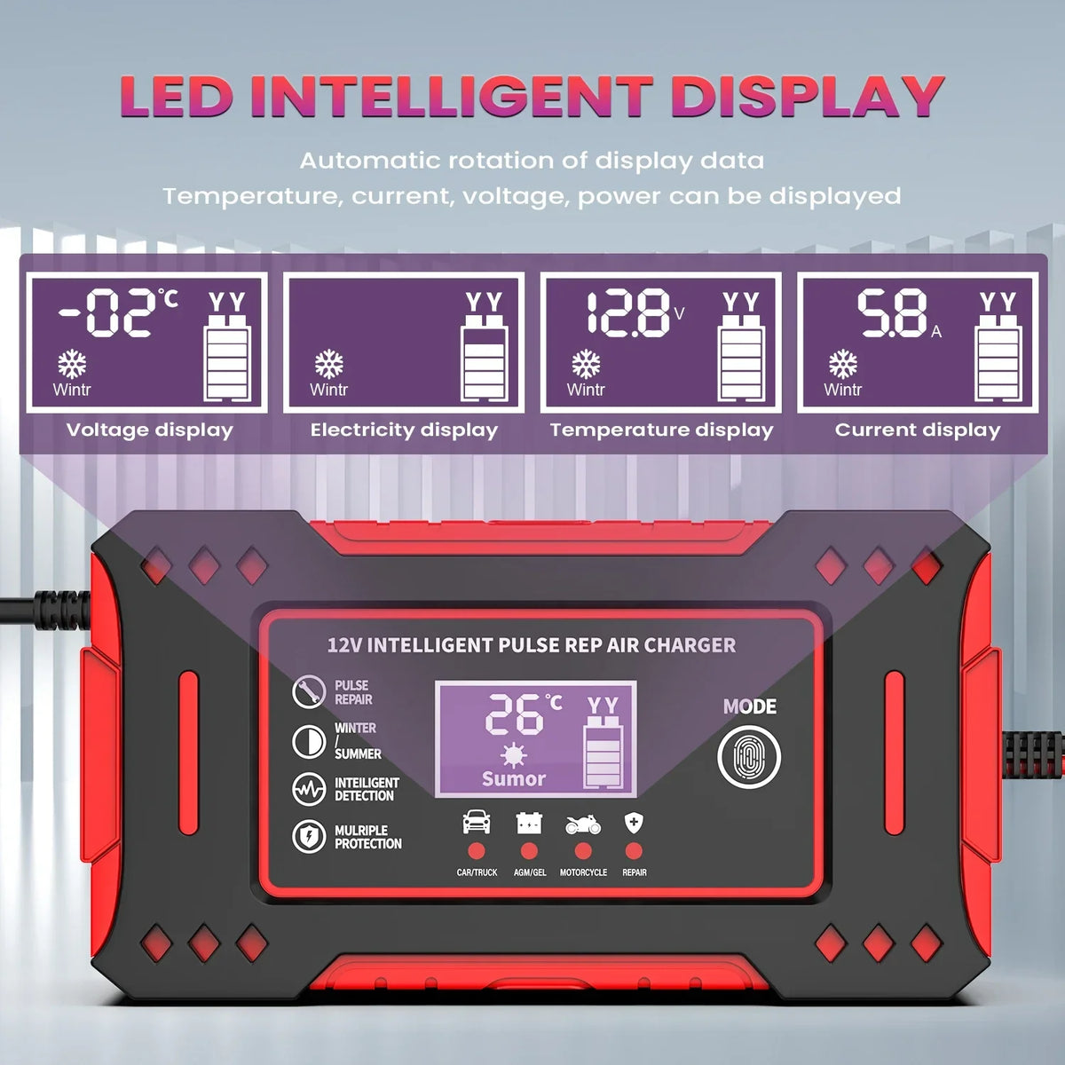 6A 12V Smart Car Battery Charger Lead-Acid Battery Red